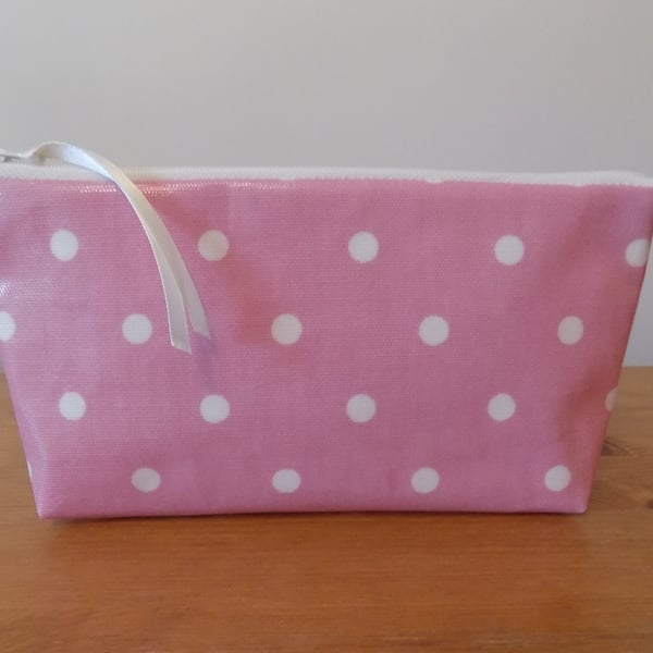 Pink & White Polka Dot Pencil Case Oil Cloth Fabric Make Up Cosmetics Bag