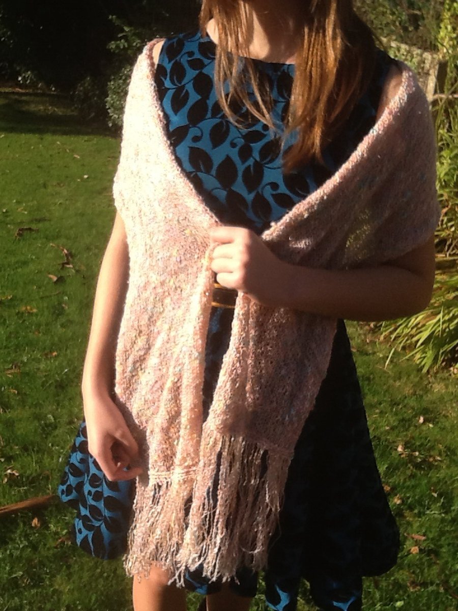 Mirage!  Wide knitted And Crocheted Shoulder Wrap with Tassel Fringe Detail!