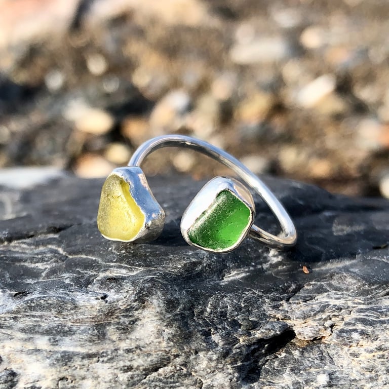Yellow & Green Sea Glass and Sterling Silver Spiral Adjustable Ring - 1242