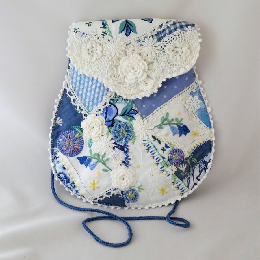 Blue and White Crazy patchwork bag - from vintage linens and fabrics