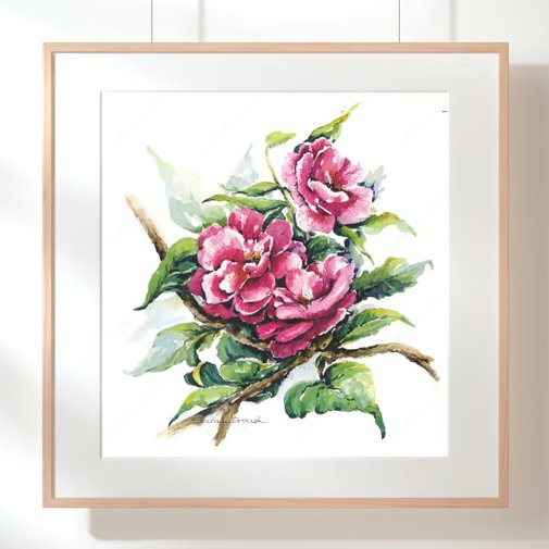 Rich Pink Camellia Flower - Watercolour Art - Print - Square Classic Floral Art