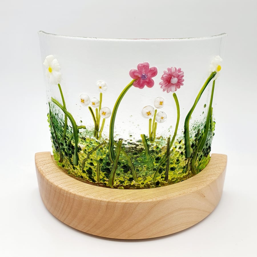 'Daisy Meadow' Fused Glass Curve on Wooden Stand