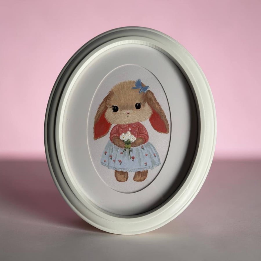 Image of Original Bunny Acrylic Painting in Vintage Oval Frame, Woodland Nursery Art