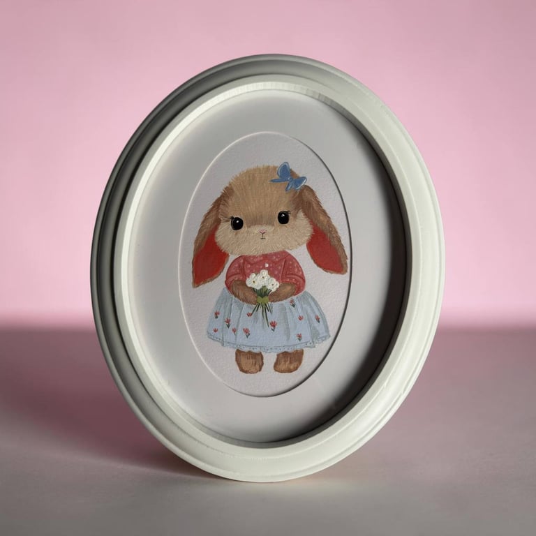 Original Bunny Acrylic Painting in Vintage Oval Frame, Woodland Nursery Art