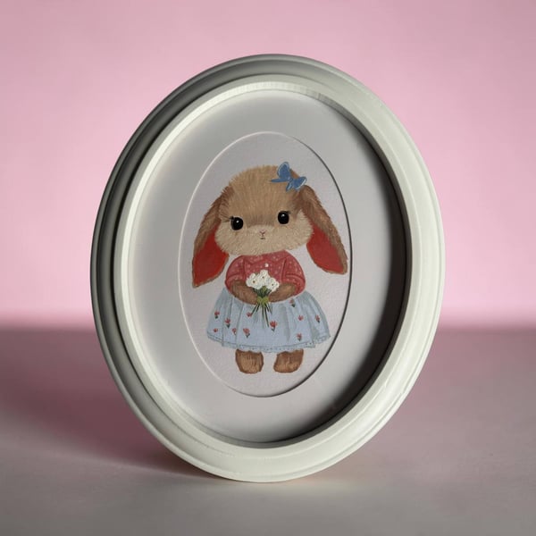 Original Bunny Acrylic Painting in Vintage Oval Frame, Woodland Nursery Art