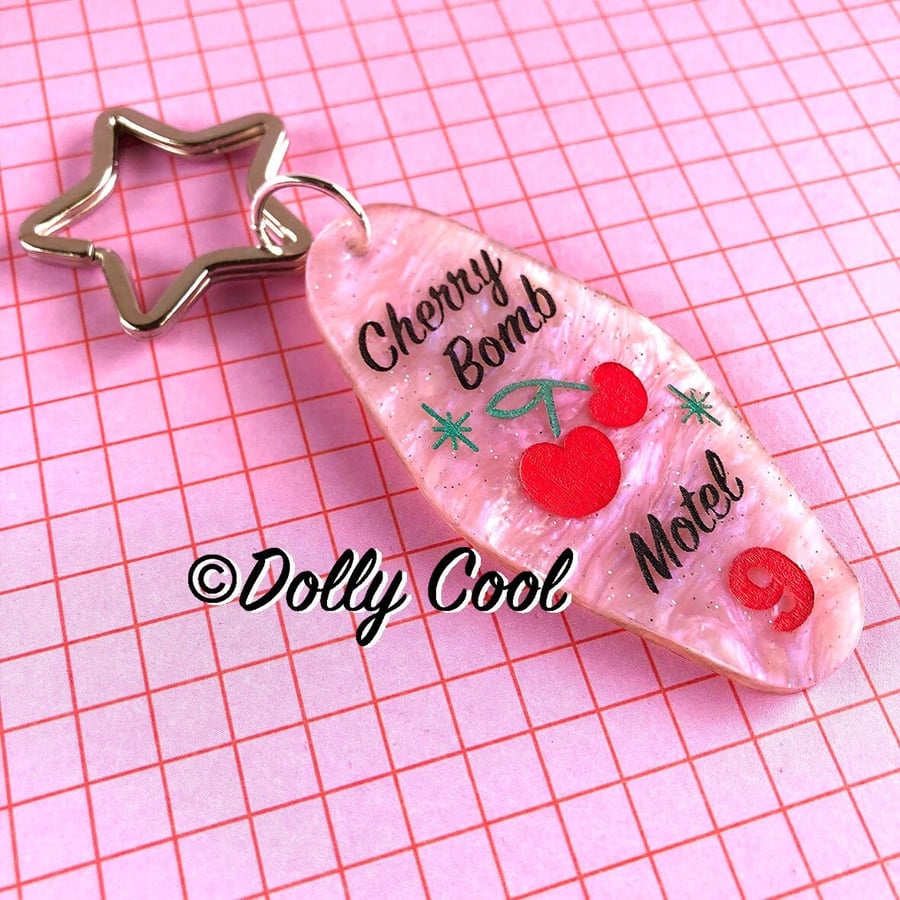 Cherry Bomb Retro Motel style Keyring by Dolly Cool - Rockabilly - Mid Century