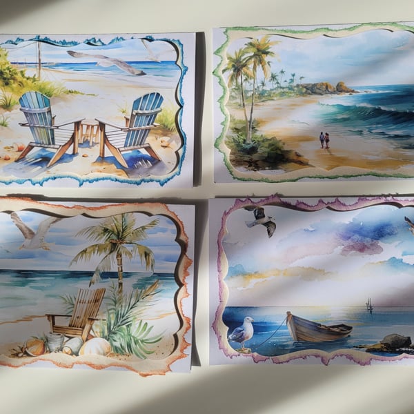 Set of 4 blank cards, pack of 4 cards, coastal, sandy beach, watercolour 