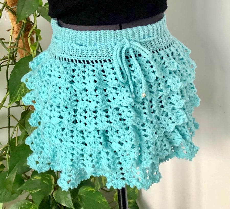 Handmade ruffle crochet skirt. Aqua. U.K. size 6.