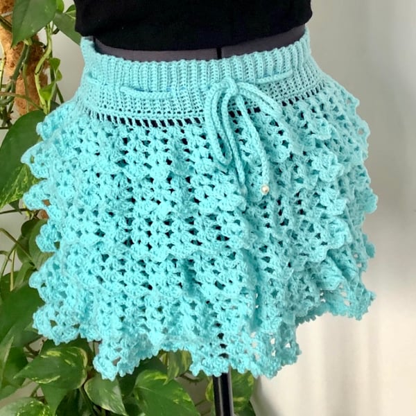 Handmade ruffle crochet skirt. Aqua. U.K. size 6.