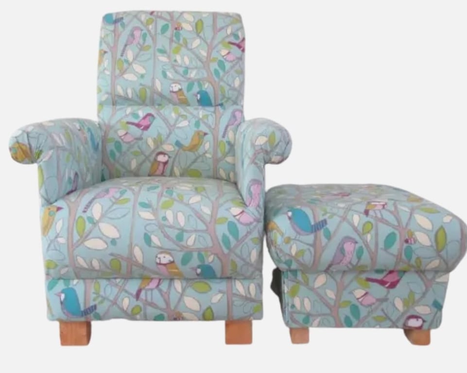 Duck Egg Chair & Footstool Adult Accent Armchair Tweety Birds Nursery Blue Green
