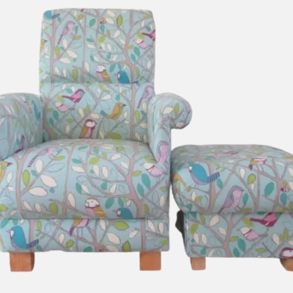 Duck Egg Chair & Footstool Adult Accent Armchair Tweety Birds Nursery Blue Green