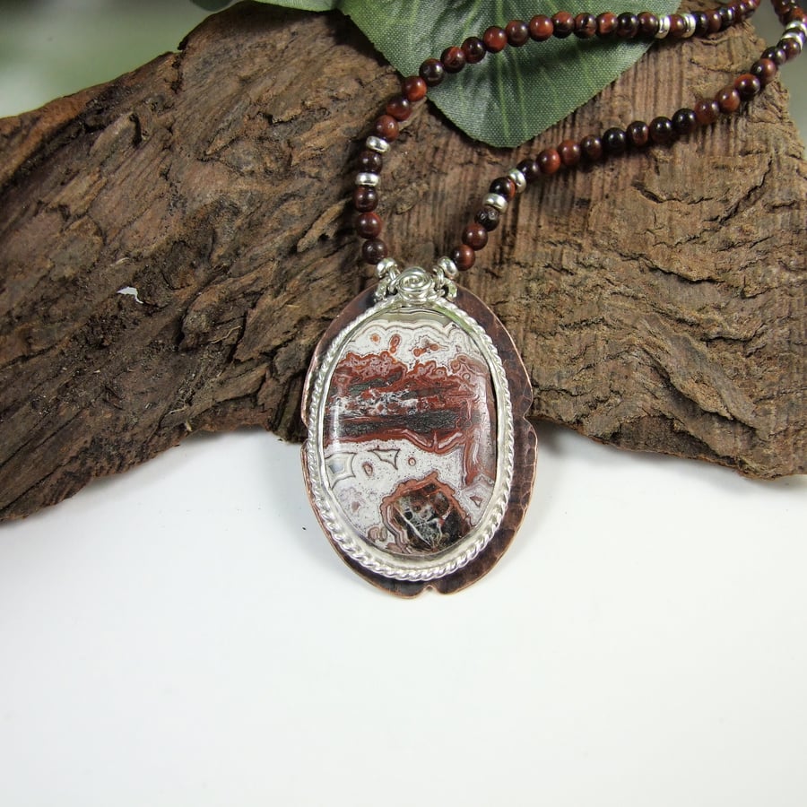 Crazy Lace Agate Necklace on Red Tigers Eye Necklet, Sterling Silver and Copper