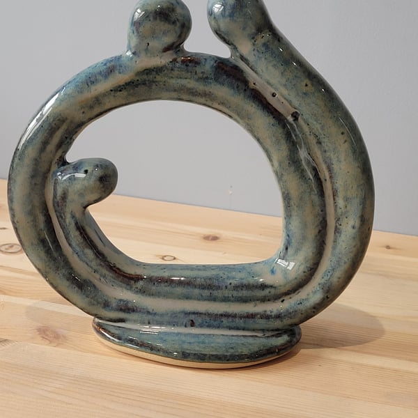 Family, new baby blue green circular sculpture handmade pottery