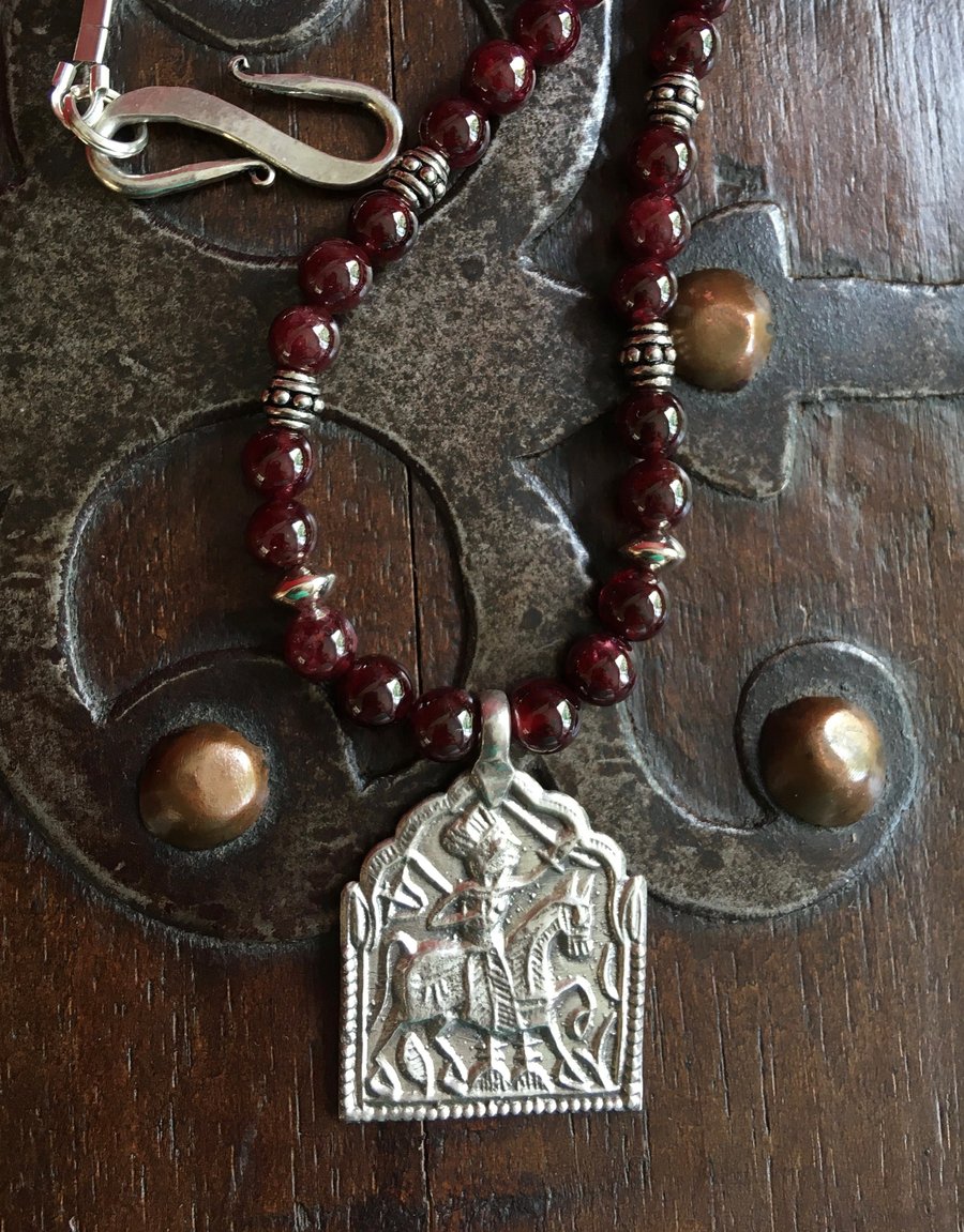 Hindu silver amulet - garnets - Indian pendant necklace - horse pendant