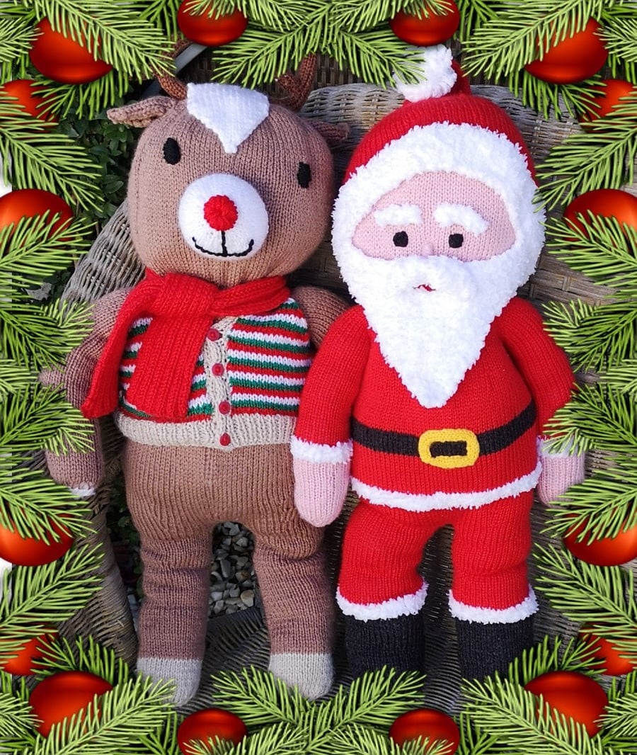 Santa and Rudolph knitting pattern, Knitted Christmas toys, Digital Pattern