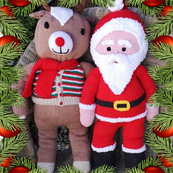 Santa and Rudolph knitting pattern, Knitted Christmas toys, Digital Pattern