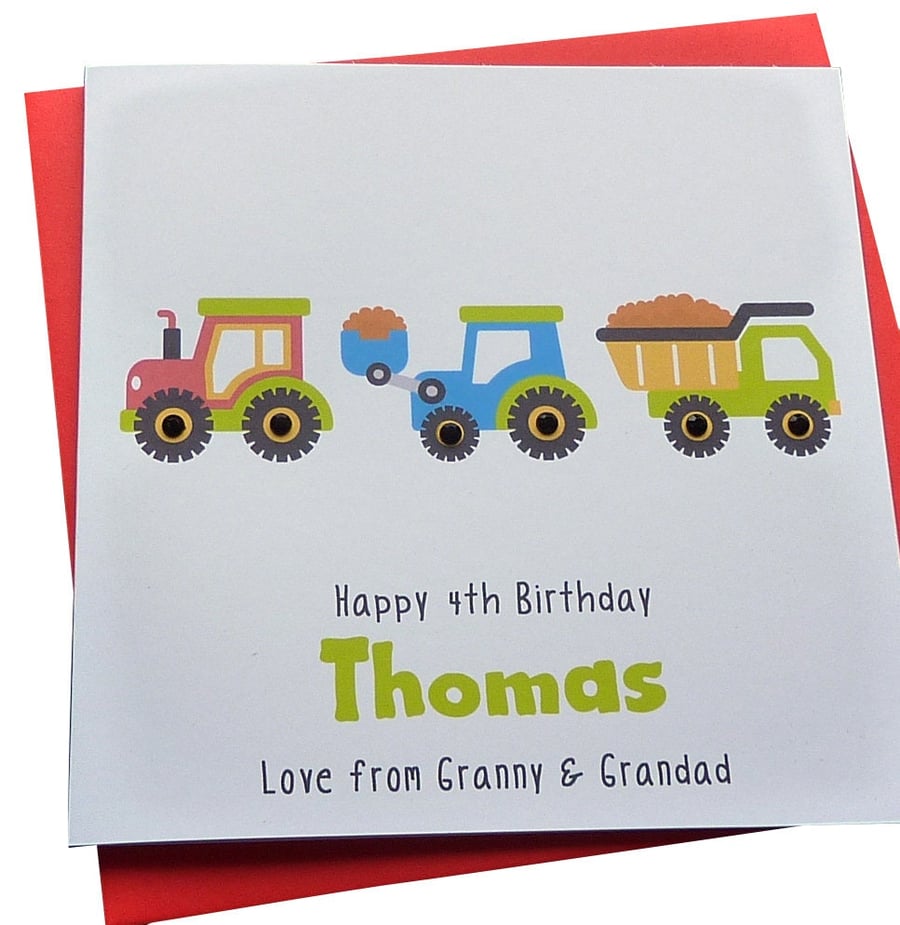 Tractor, Digger & Truck Personalised Childrens Birthday Card