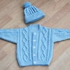 babies hand knitted aran style cardigan and hat to fit age 3 to 6 months 41cms 