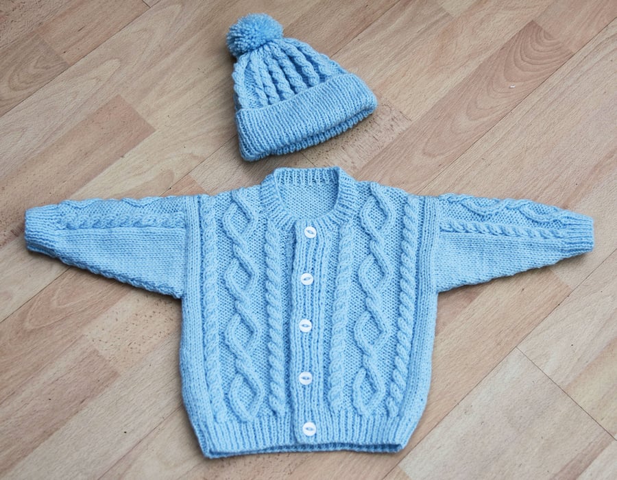 babies hand knitted aran style cardigan and hat to fit age 3 to 6 months 41cms 
