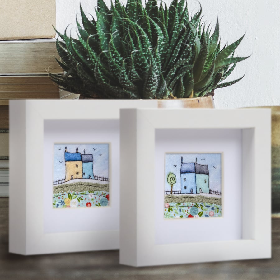  Little houses - two framed 3d fabric pictures