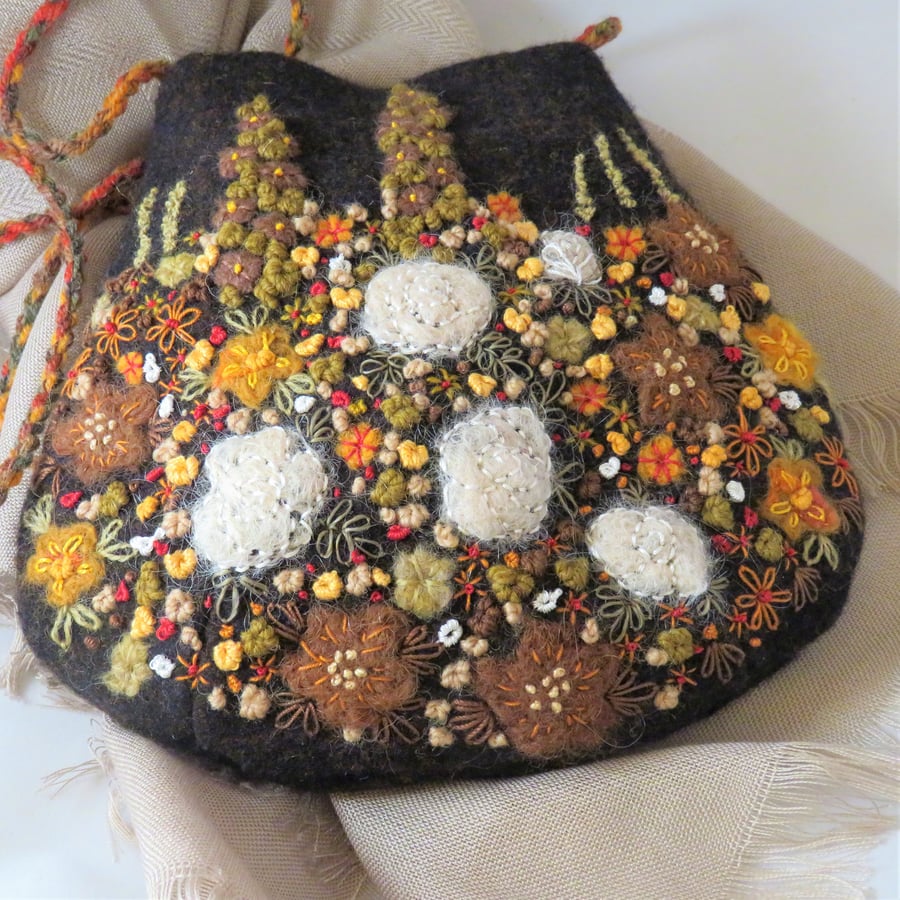 SALE Embroidered Bag - autumn garden on recycled tweed