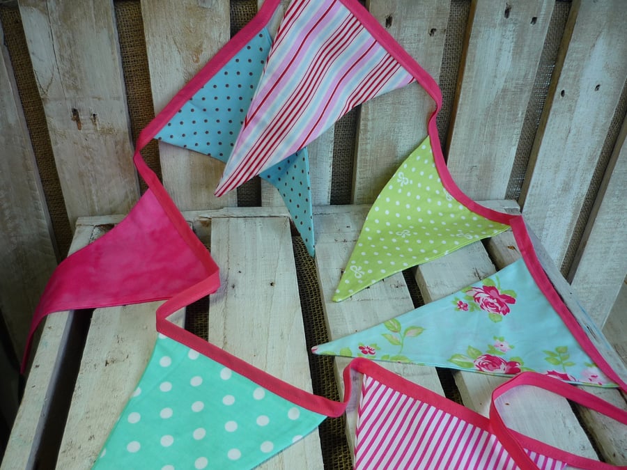 Handmade Double Sided Bunting 7 ft with 7 Pennants Pinks Blues Roses Shabby Chic