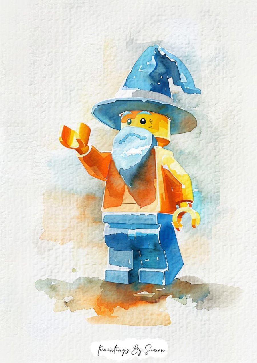 Whimsical Lego Wizard, Watercolor Painting Print 5"x7" on Matte Paper