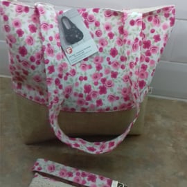 Tote bag with matching accessories in pink  rose floral fabric.and Hessian base