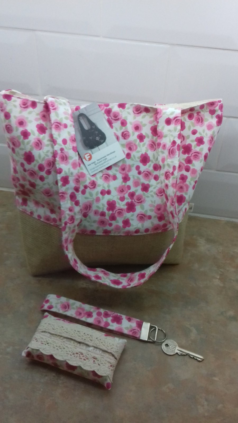 Tote bag with matching accessories in pink  rose floral fabric.and Hessian base
