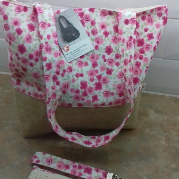 Tote bag with matching accessories in pink  rose floral fabric.and Hessian base