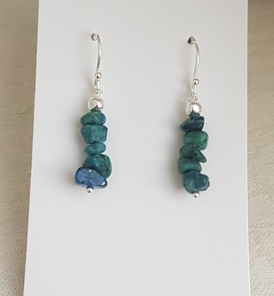 Gorgeous Blue Green Chrysocolla Chip Bead Earrings - Sterling Silver
