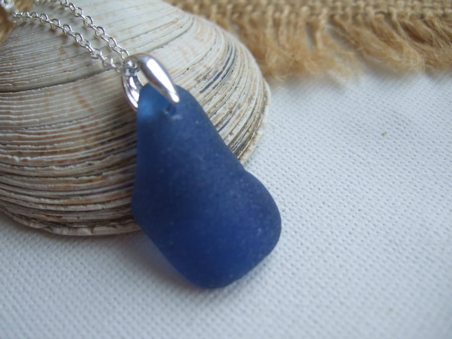 Blue sea glass necklace, Scottish petrol blue sea glass pendant on sterling bail
