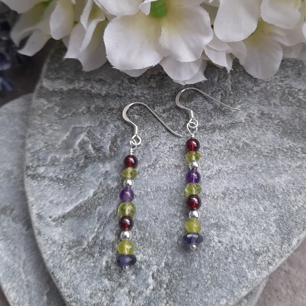 Sterling Silver Peridot Garnet Amethyst and Iolite Dangle Earrings