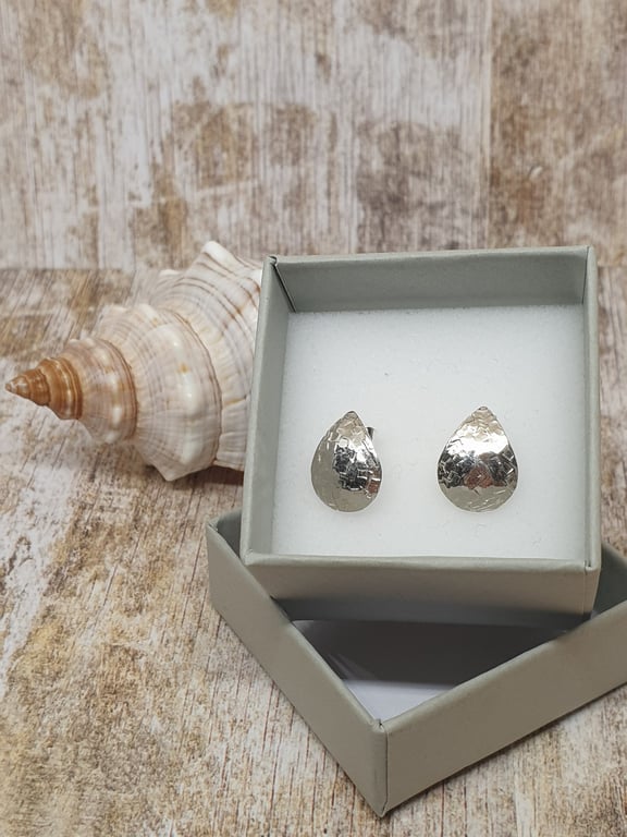 Sterling Silver 925 Textured Tear Dropp Stud Earrings