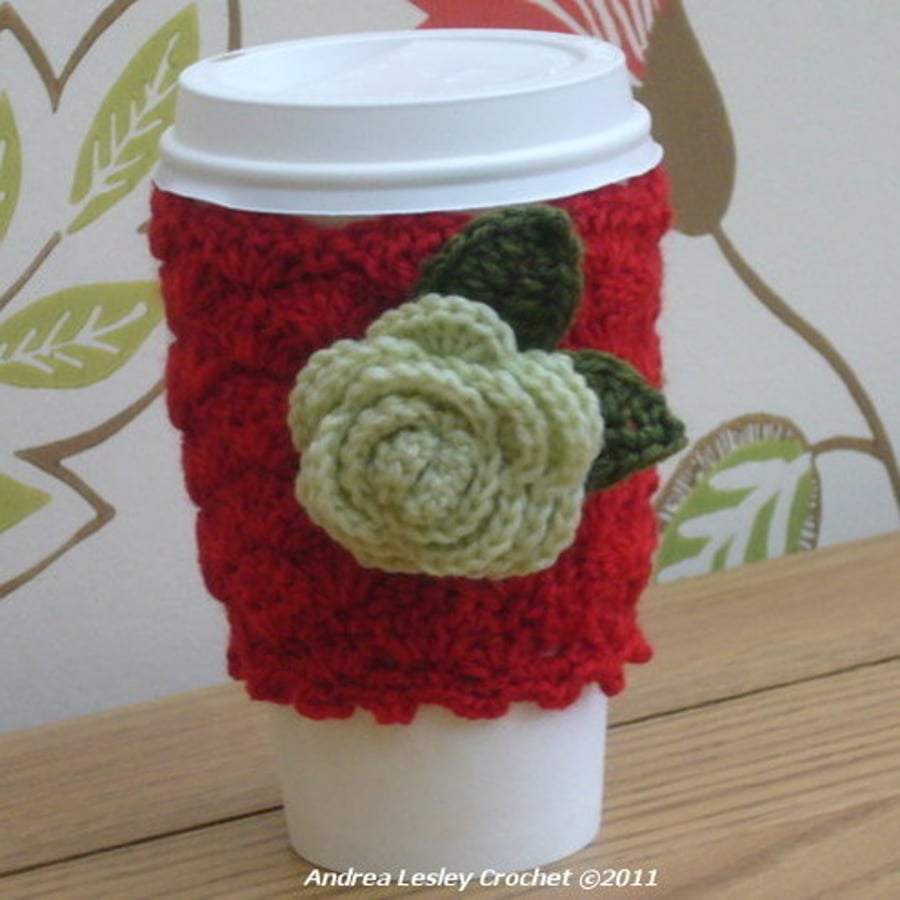 Coffee Cup Crochet Cosy/Red with Rose (Made to order)