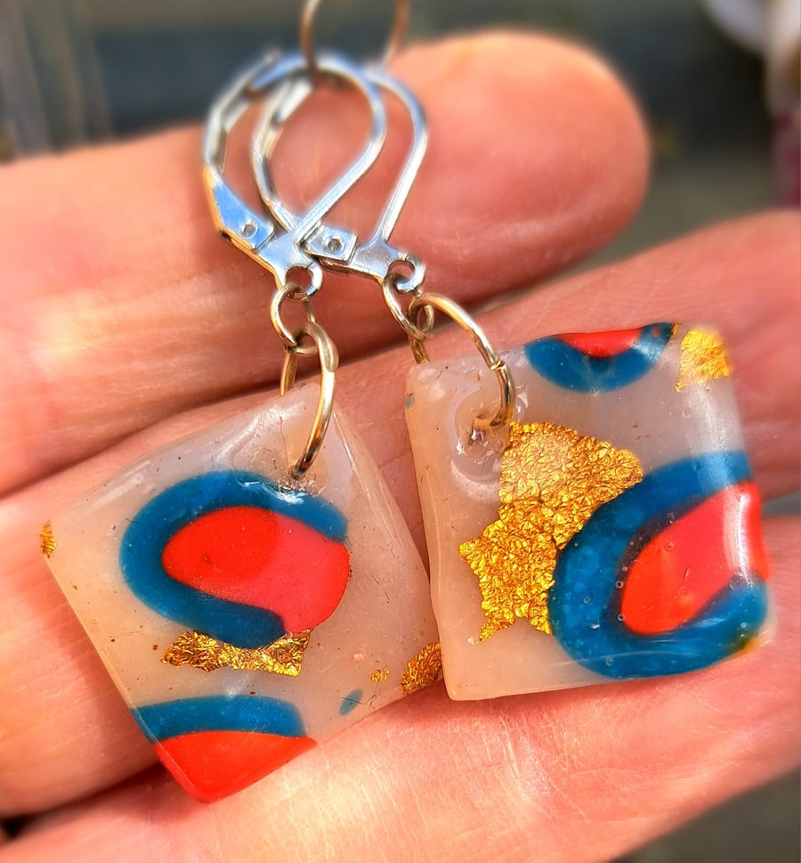 Leopard print square earrings, red, blue, black and gold leaf