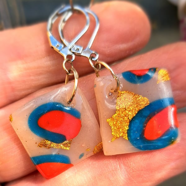 Leopard print square earrings, red, blue, black and gold leaf