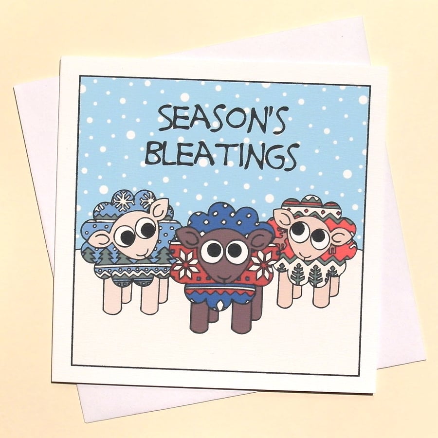 Christmas Card - Sheep in Woolly Xmas Jumpers - Season's Bleatings Q-HCS