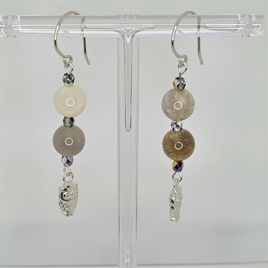 Sterling Silver Owl Earrings Peach Moonstone Dangle, Handmade