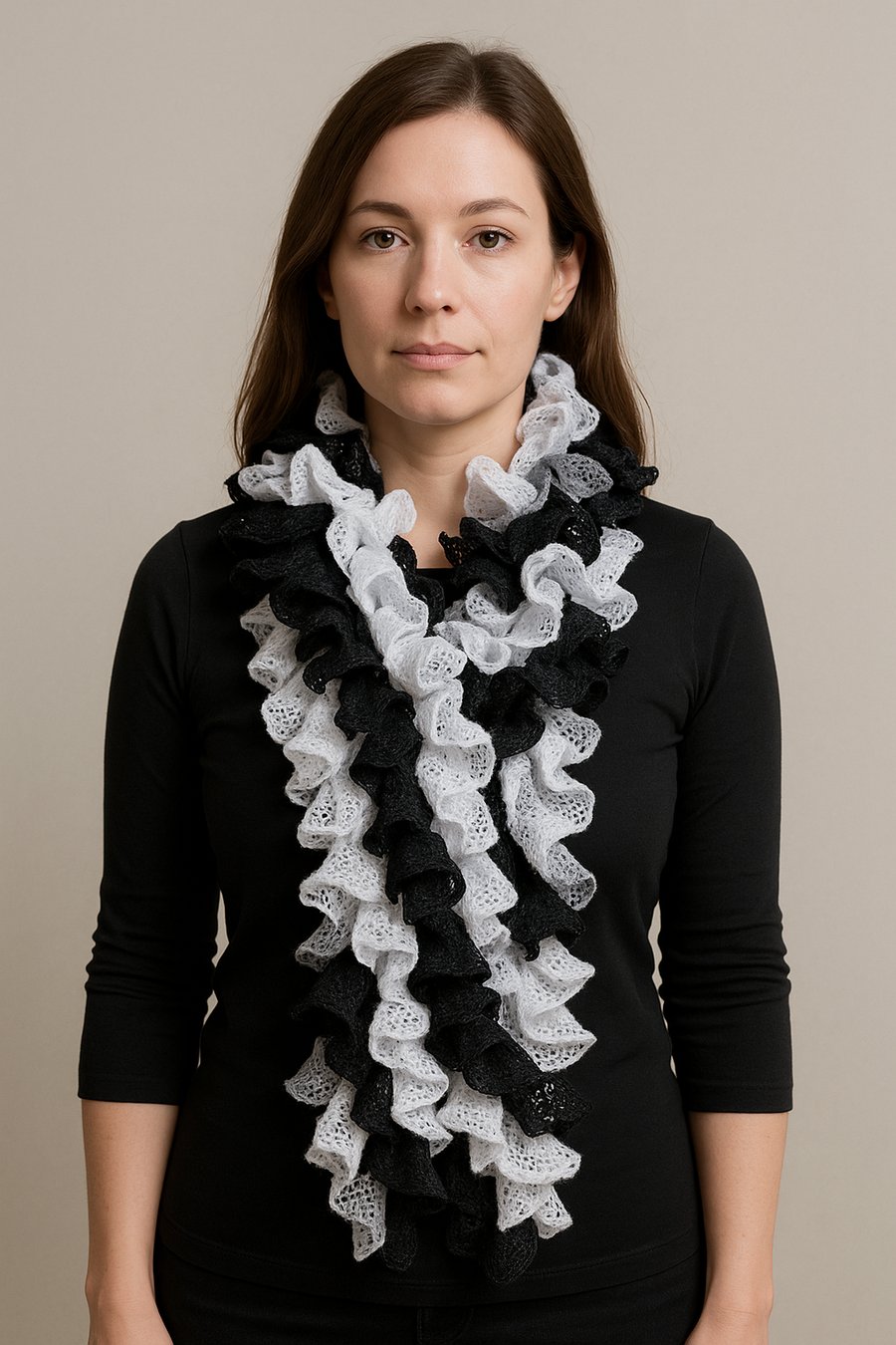 Black and white ruffle scarf in fashion yarn