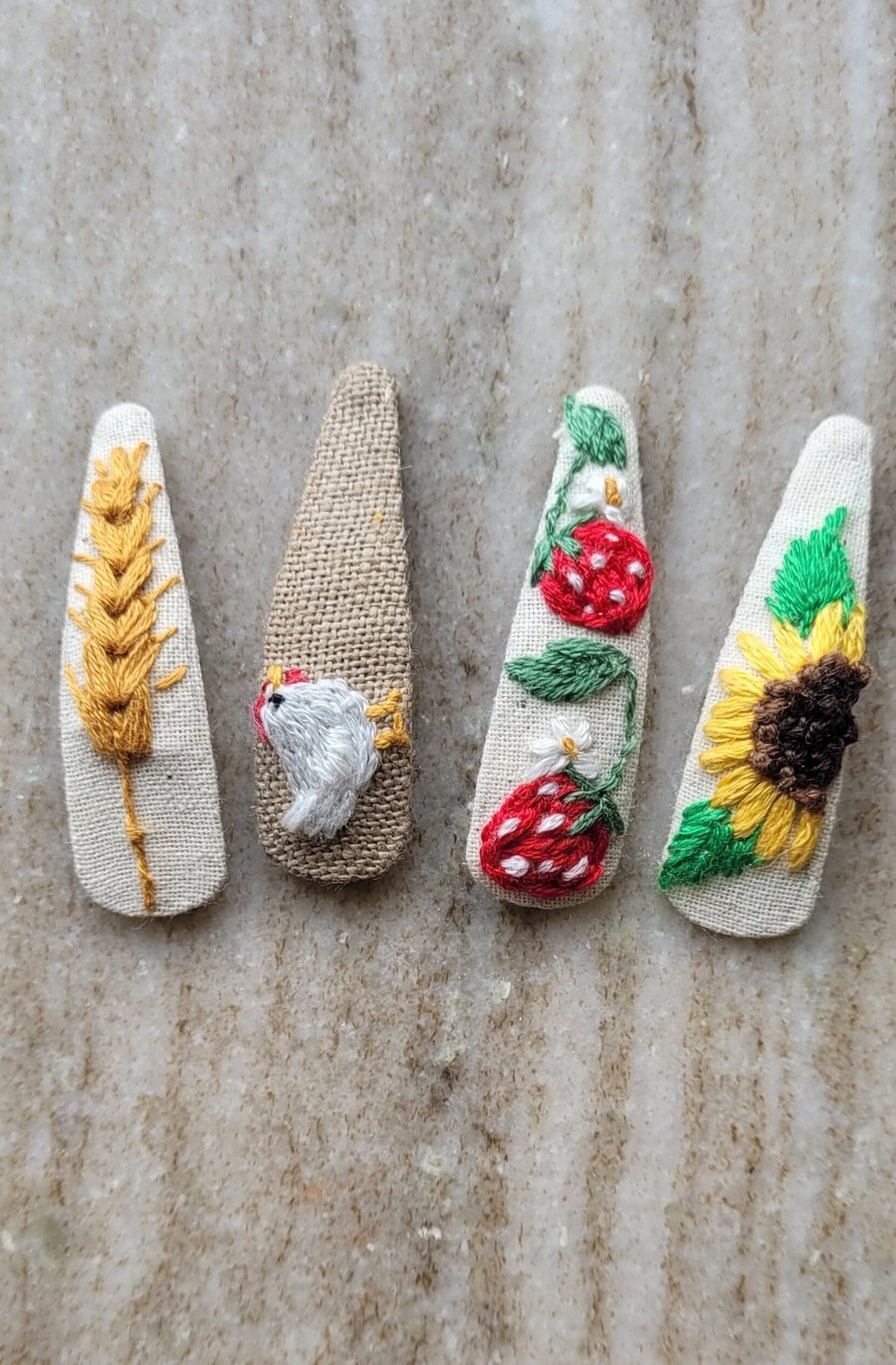 Hand embroidered hair clips strawberry wheat chicken Sunflower girls and todler 