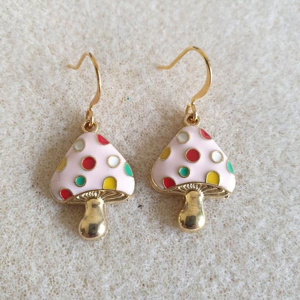 cute light pink kitsch toadstool mushroom charm earrings enamel with polkadots