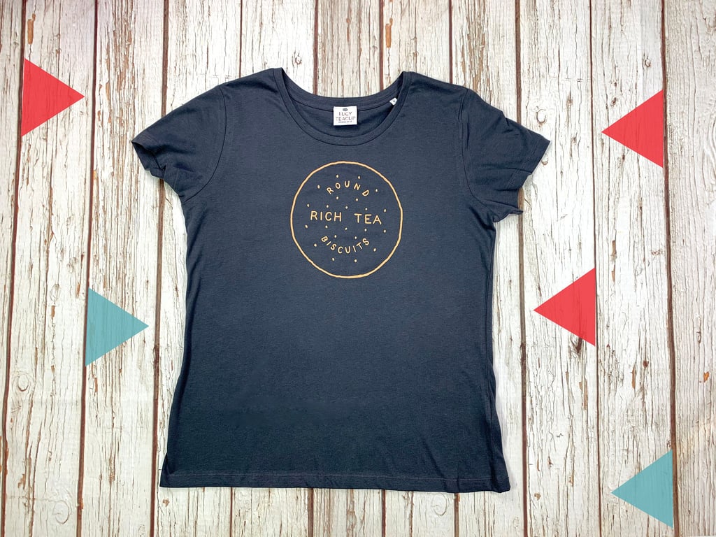 Rich Tea Biscuit T-Shirt. Organic cotton tee! Ladies's grey top, biscuit lover 