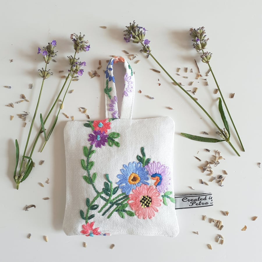 Lavender bag in upcycled floral vintage embroidery 