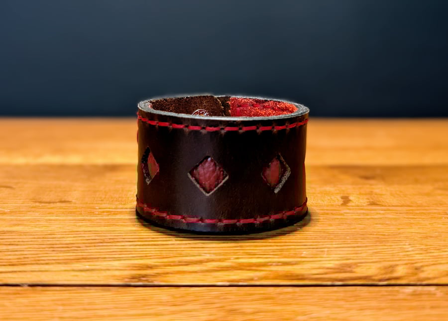 Leather Cuff - Brown and red layered diamond cut-out design silver fasteners