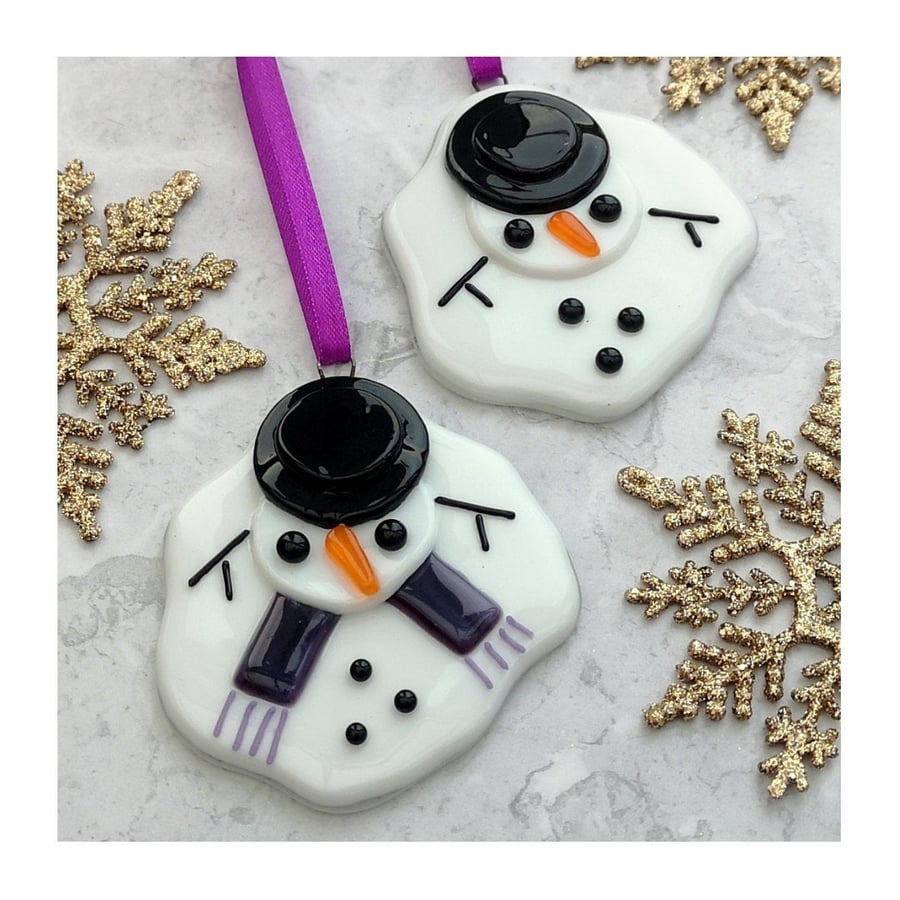 Handmade Fused Glass Melted Snowman Hanging Christmas Decoration - Festive Gift