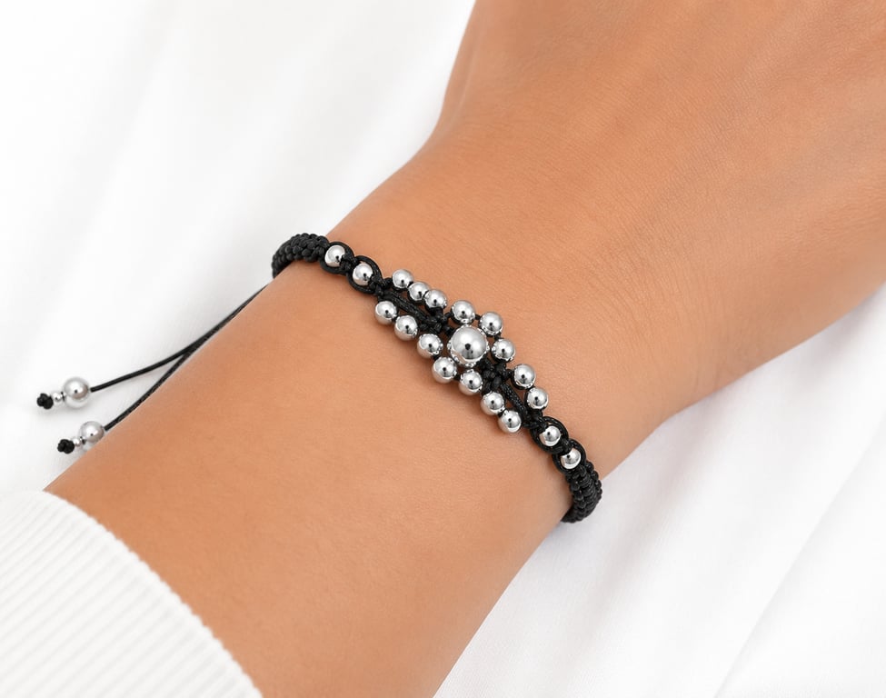 Black macrame silver metal beads bracelet one size