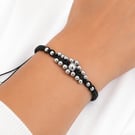 Black macrame silver metal beads bracelet one size