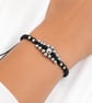 Black macrame silver metal beads bracelet one size