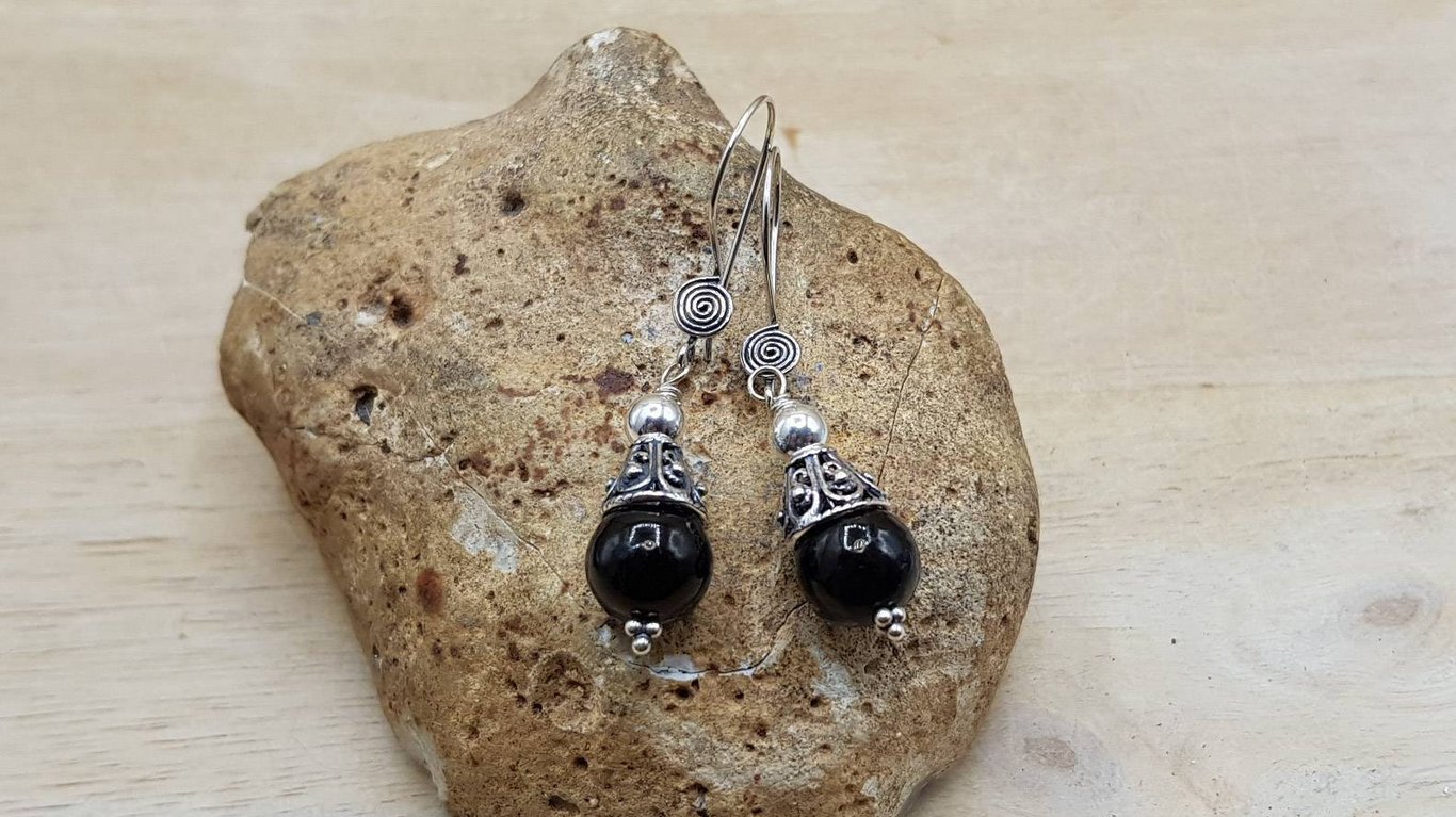 Dangle Black Jet cone earrings. Reiki jewelry